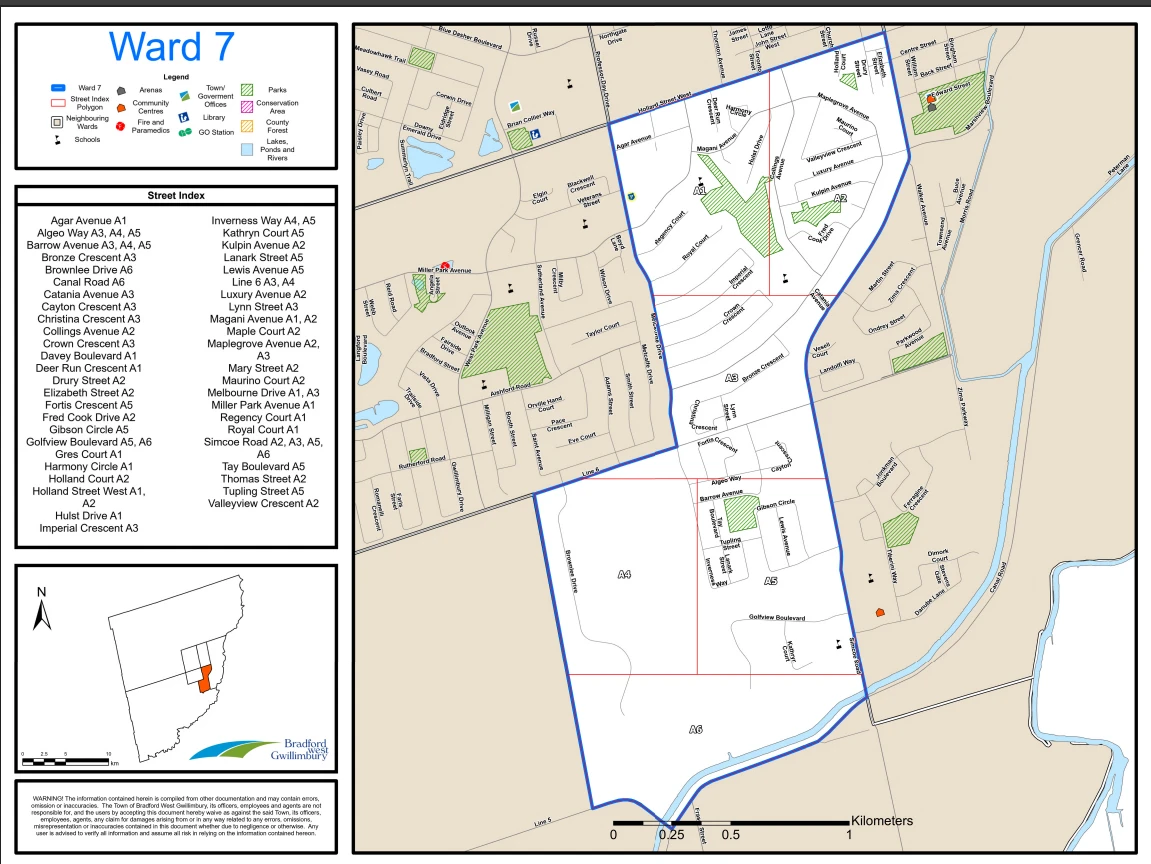 Official Town of Bradford West Gwillimbury Ward 7 boundary map, including street index